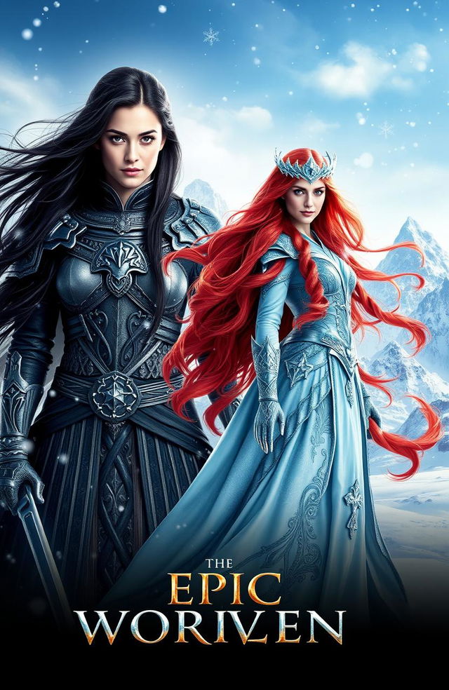 A breathtaking fantasy movie poster featuring two stunning warrioresses