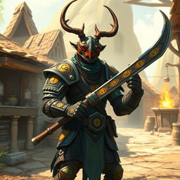 In a mesmerizing avatar-like fantasy world, the scene is set in the background of a lively forge within a quaint small village