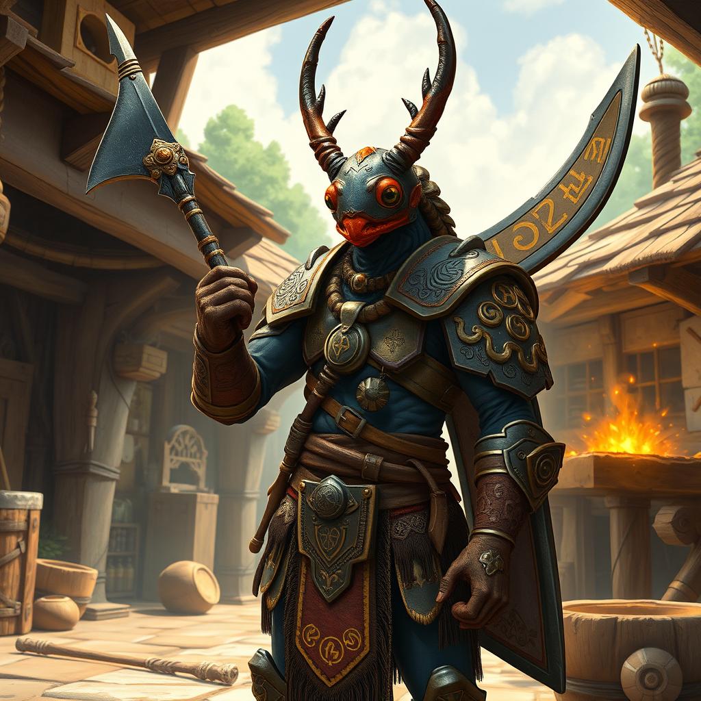 In a mesmerizing avatar-like fantasy world, the scene is set in the background of a lively forge within a quaint small village