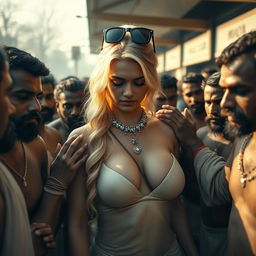 A sad yet elegant scene featuring a busty fitness blonde woman in a nude outfit adorned with a necklace and wearing sunglasses on her head