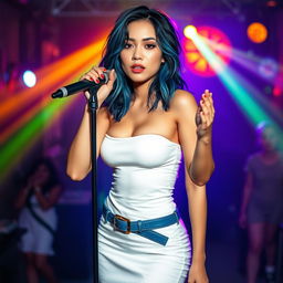 A beautiful, sexy, and tall 22-year-old woman with very fair skin of Caucasian descent, featuring a soft round face and narrow dark blue eyes with an Asian influence