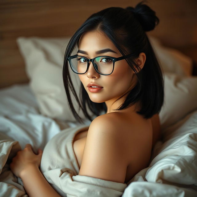 A sensual young woman with medium-length black hair styled in a small ponytail