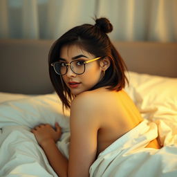 A sensual young woman with medium-length black hair styled in a small ponytail