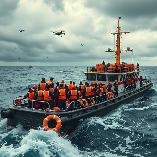 A dramatic scene depicting search crews at sea, featuring a diverse group of rescue workers in bright orange life jackets aboard a large, rugged search and rescue vessel