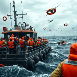 A dramatic scene depicting search crews at sea, featuring a diverse group of rescue workers in bright orange life jackets aboard a large, rugged search and rescue vessel