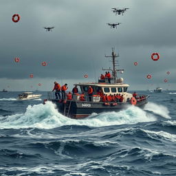 A dramatic scene depicting search crews at sea, featuring a diverse group of rescue workers in bright orange life jackets aboard a large, rugged search and rescue vessel