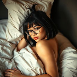 A sensual young woman with medium-length black hair styled in a small ponytail, showcasing her captivating features
