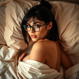 A sensual young woman with medium-length black hair styled in a small ponytail, showcasing her captivating features