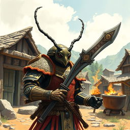 Set in a vivid avatar-like fantasy world, the scene features a beetlefolk humanoid, an intriguing blend of a scarab beetle and a human