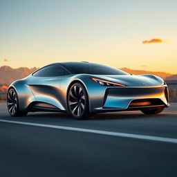 A sleek, futuristic car design with a shiny silver body, aerodynamic curves, and LED lights that give it a modern look