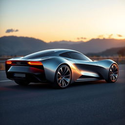 A sleek, futuristic car design with a shiny silver body, aerodynamic curves, and LED lights that give it a modern look