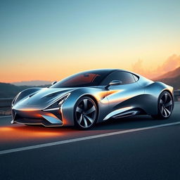 A sleek, futuristic car design with a shiny silver body, aerodynamic curves, and LED lights that give it a modern look