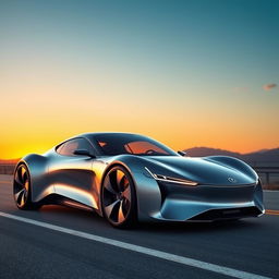 A sleek, futuristic car design with a shiny silver body, aerodynamic curves, and LED lights that give it a modern look