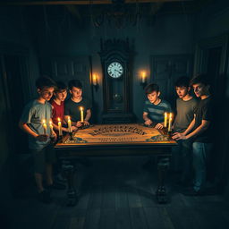 A group of teenage boys, clad in casual clothes and looking adventurous, gathered in a dimly lit old house with creaky wooden floors and shadowy corners