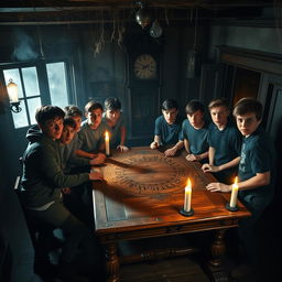 A group of teenage boys, clad in casual clothes and looking adventurous, gathered in a dimly lit old house with creaky wooden floors and shadowy corners