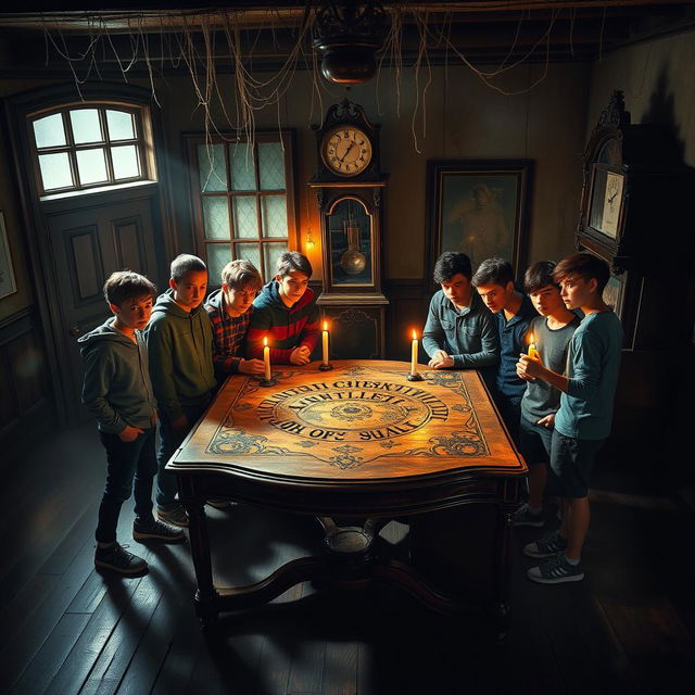 A group of teenage boys, clad in casual clothes and looking adventurous, gathered in a dimly lit old house with creaky wooden floors and shadowy corners