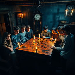 A group of teenage boys, clad in casual clothes and looking adventurous, gathered in a dimly lit old house with creaky wooden floors and shadowy corners