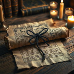 An ancient, mystical spell scroll laid out on a wooden table, the parchment slightly aged and wrinkled with intricate, runic writing covering the surface