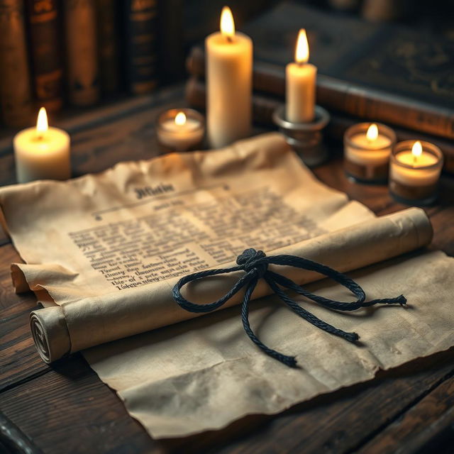 An ancient, mystical spell scroll laid out on a wooden table, the parchment slightly aged and wrinkled with intricate, runic writing covering the surface