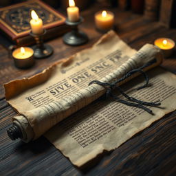 An ancient, mystical spell scroll laid out on a wooden table, the parchment slightly aged and wrinkled with intricate, runic writing covering the surface