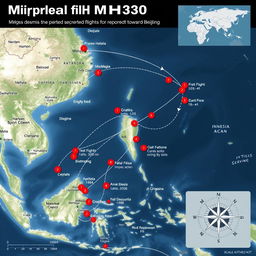A detailed and informative visual representation of maps illustrating the flight path of Malaysia Airlines Flight MH370, showcasing various segments of the route taken towards Beijing
