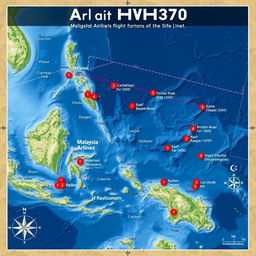 A detailed and informative visual representation of maps illustrating the flight path of Malaysia Airlines Flight MH370, showcasing various segments of the route taken towards Beijing