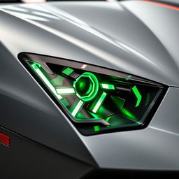 A detailed close-up of a custom-tuned car headlight inspired by the Lamborghini Sián, featuring a futuristic and aggressive design