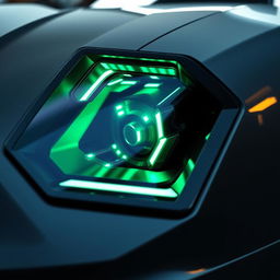 A detailed close-up of a custom-tuned car headlight inspired by the Lamborghini Sián, featuring a futuristic and aggressive design
