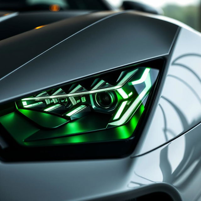 A detailed close-up of a custom-tuned car headlight inspired by the Lamborghini Sián, featuring a futuristic and aggressive design