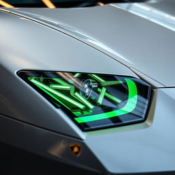 A detailed close-up of a custom-tuned car headlight inspired by the Lamborghini Sián, featuring a futuristic and aggressive design