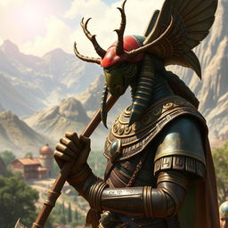 Set in a captivating avatar-like fantasy world, the scene showcases a beetlefolk humanoid, a fascinating hybrid of a scarab beetle and a human