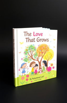 A beautifully illustrated children's book titled "The Love That Grows" by Muhammad Latif, featuring a vibrant cover with playful and friendly characters engaging in various acts of kindness, surrounded by colorful trees and flowers representing growth and love