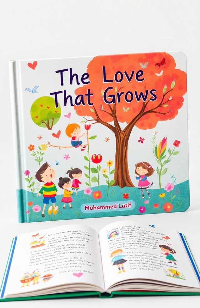 A beautifully illustrated children's book titled "The Love That Grows" by Muhammad Latif, featuring a vibrant cover with playful and friendly characters engaging in various acts of kindness, surrounded by colorful trees and flowers representing growth and love