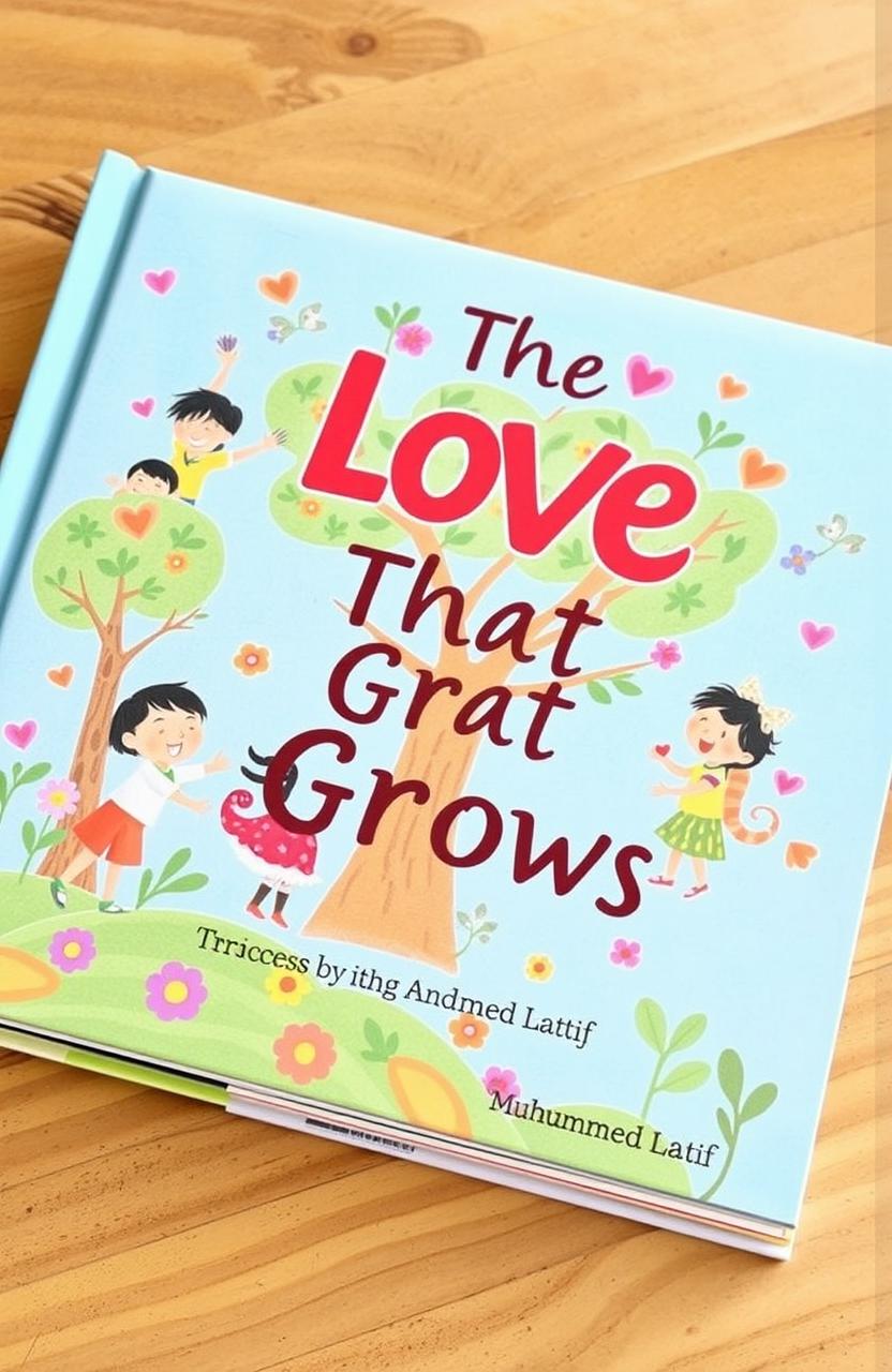 A beautifully illustrated children's book titled "The Love That Grows" by Muhammad Latif, featuring a vibrant cover with playful and friendly characters engaging in various acts of kindness, surrounded by colorful trees and flowers representing growth and love