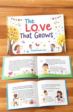 A beautifully illustrated children's book titled "The Love That Grows" by Muhammad Latif, featuring a vibrant cover with playful and friendly characters engaging in various acts of kindness, surrounded by colorful trees and flowers representing growth and love