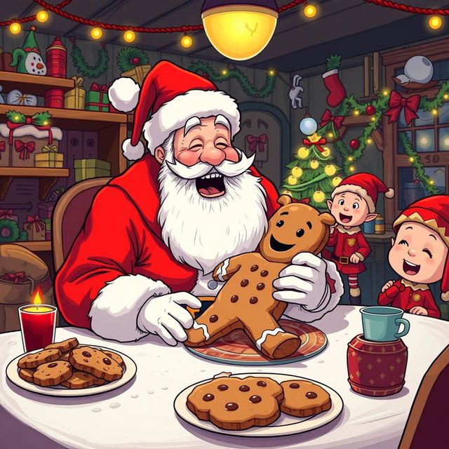 A darkly humorous scene depicting Santa Claus at a festive table, where instead of traditional food, there is a comically oversized cookie shaped like a child, with a gleeful expression on Santa's face as he joyfully prepares to eat it