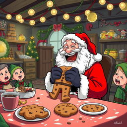 A darkly humorous scene depicting Santa Claus at a festive table, where instead of traditional food, there is a comically oversized cookie shaped like a child, with a gleeful expression on Santa's face as he joyfully prepares to eat it