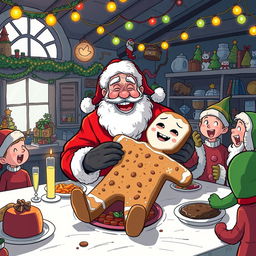 A darkly humorous scene depicting Santa Claus at a festive table, where instead of traditional food, there is a comically oversized cookie shaped like a child, with a gleeful expression on Santa's face as he joyfully prepares to eat it