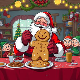 A darkly humorous scene depicting Santa Claus at a festive table, where instead of traditional food, there is a comically oversized cookie shaped like a child, with a gleeful expression on Santa's face as he joyfully prepares to eat it