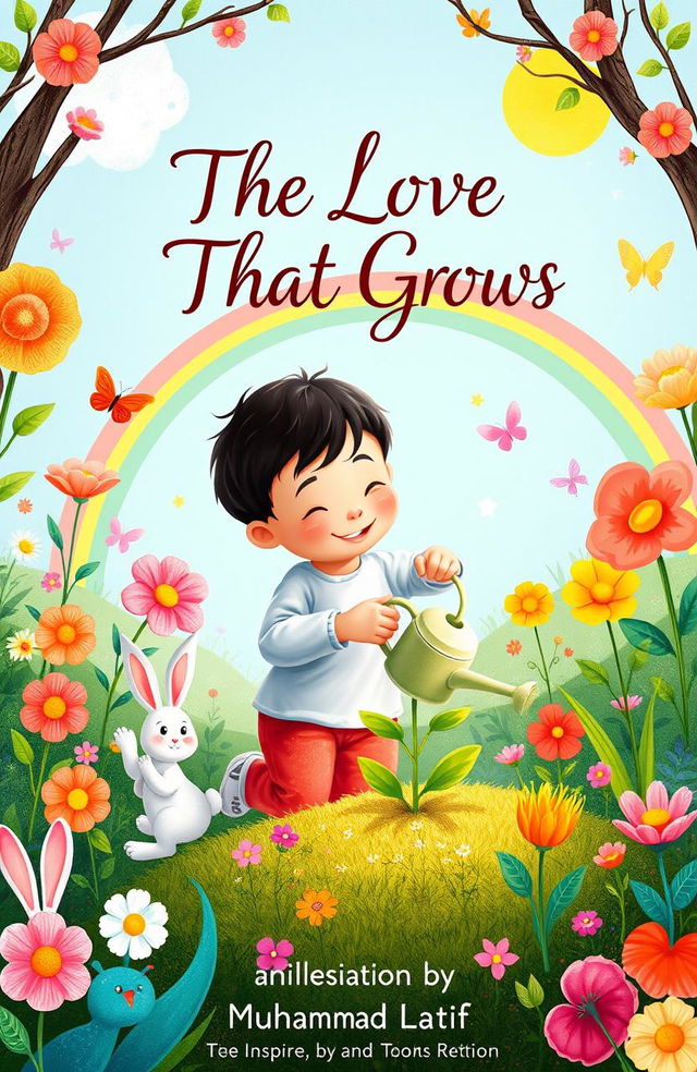 A whimsical illustration for a children's book titled 'The Love That Grows' by Muhammad Latif