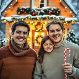 A joyful Christmas scene demonstrating two young men in their 30s; one has dark hair while the other has light brown hair
