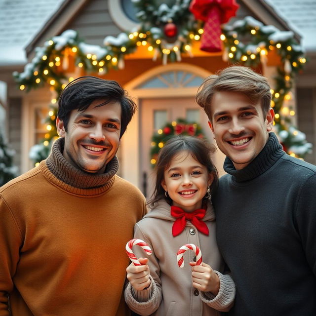 A joyful Christmas scene demonstrating two young men in their 30s; one has dark hair while the other has light brown hair