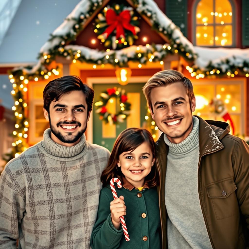 A joyful Christmas scene demonstrating two young men in their 30s; one has dark hair while the other has light brown hair