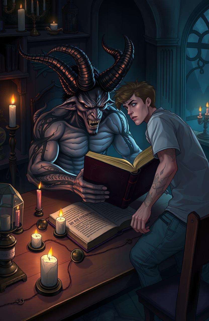 A visually striking illustration of a demon sitting at a wooden table, intently reading a large, ancient book