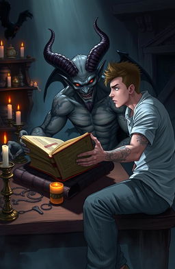 A visually striking illustration of a demon sitting at a wooden table, intently reading a large, ancient book