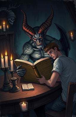 A visually striking illustration of a demon sitting at a wooden table, intently reading a large, ancient book