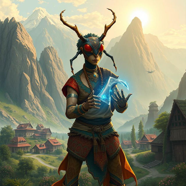 In a mesmerizing avatar-like fantasy world, the scene captures a small village nestled amidst towering mountains, creating a breathtaking backdrop