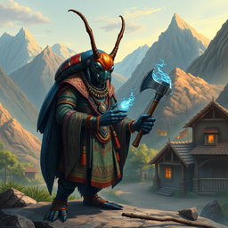 In a mesmerizing avatar-like fantasy world, the scene showcases a small village nestled within majestic mountain ranges, providing a breathtaking backdrop