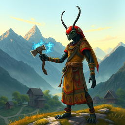 In a mesmerizing avatar-like fantasy world, the scene showcases a small village nestled within majestic mountain ranges, providing a breathtaking backdrop