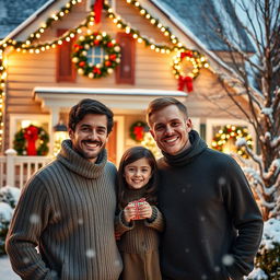A warm Christmas scene depicting two young men in their 30s, one with dark hair and the other with light brown hair, joyfully standing in front of a lovely house adorned for the holiday season